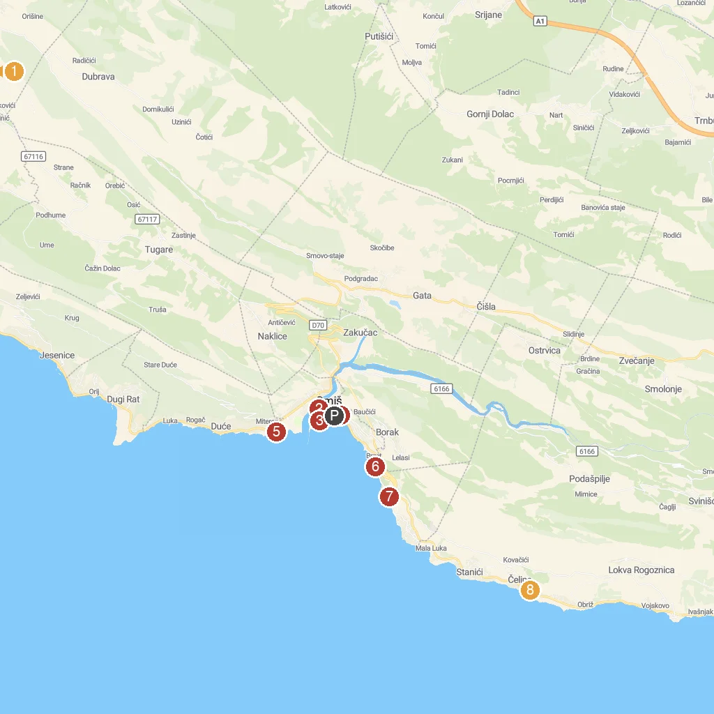 Omiš, Split-Dalmatia, Croatia map with numbered points of interest