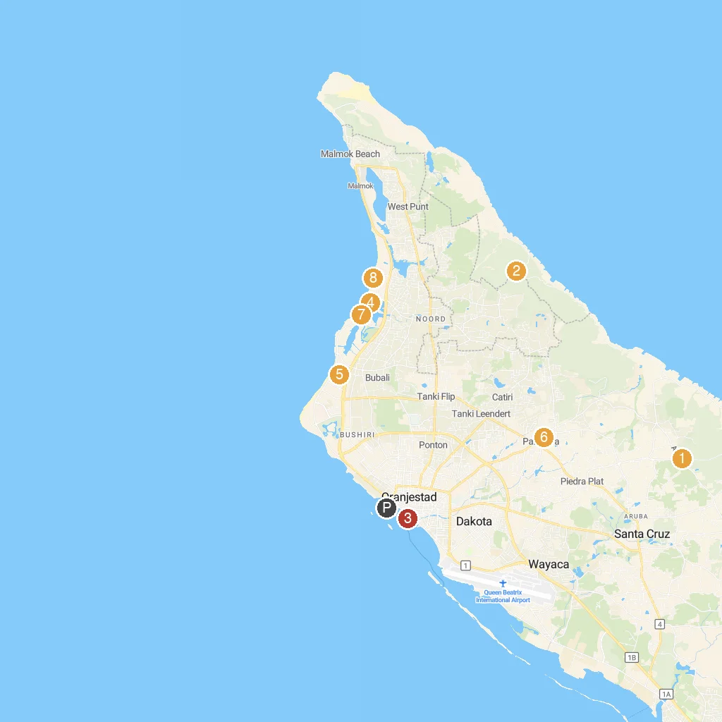 Oranjestad, Aruba map with numbered points of interest