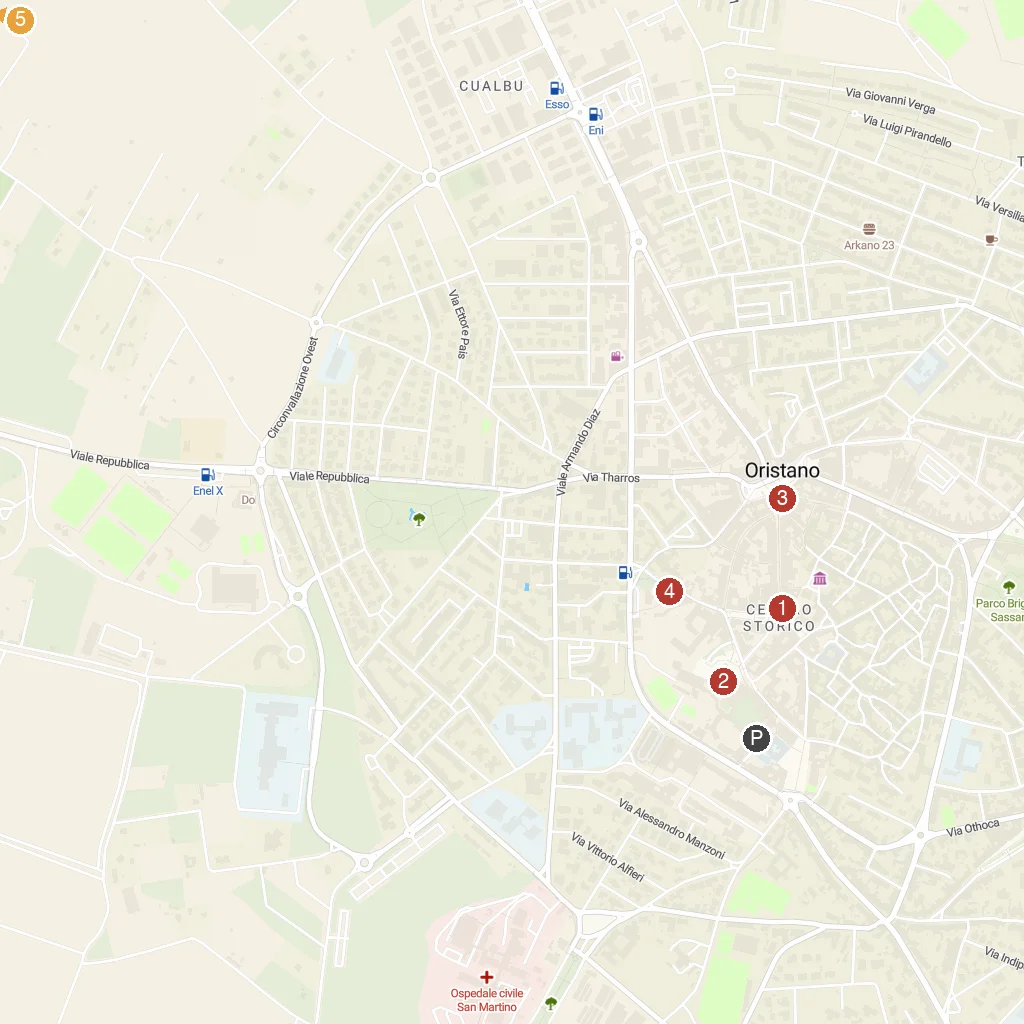 Oristano, Sardinia, Italy map with numbered points of interest