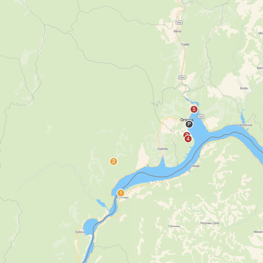 Orsova, Mehedinti, Romania map with numbered points of interest