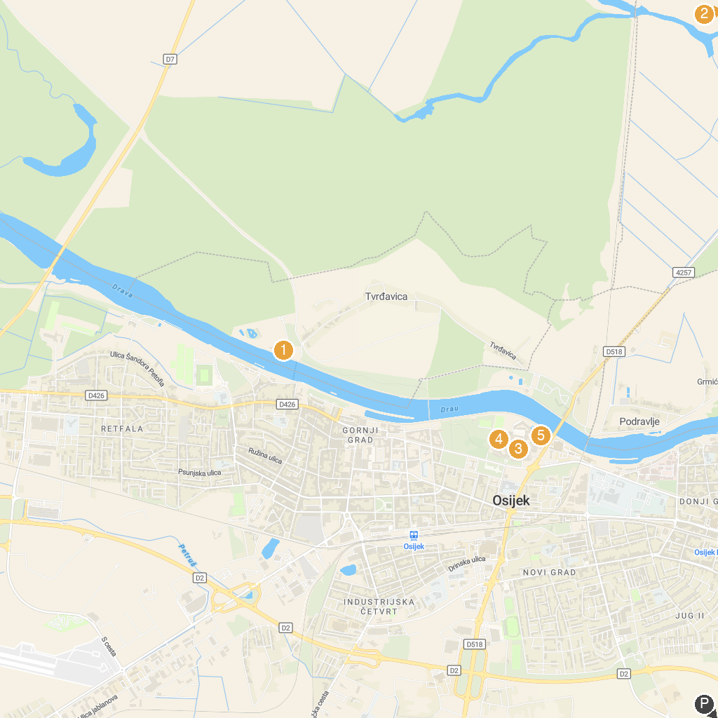 Osijek, Slavonia, Croatia map with numbered points of interest