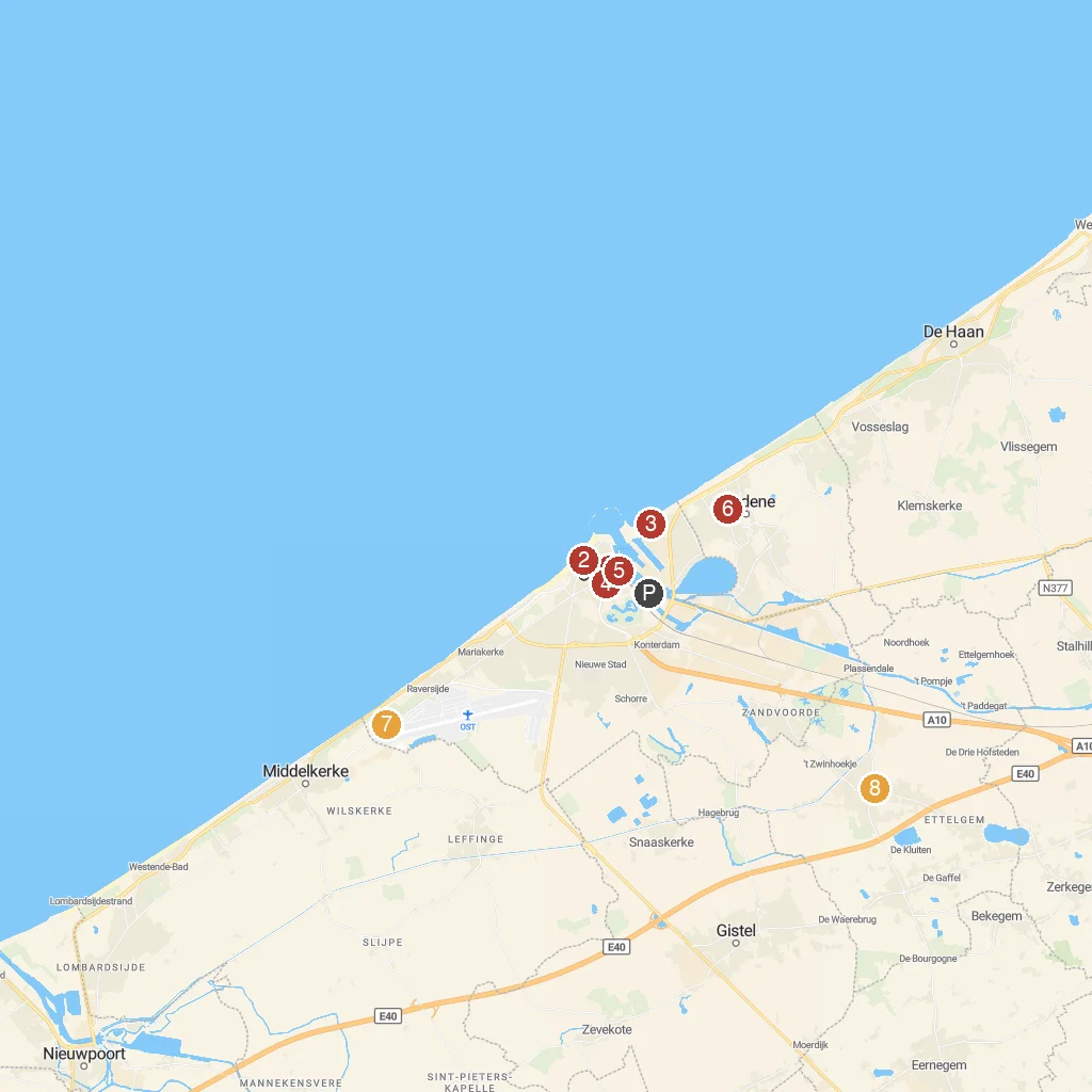 Ostend, Flanders, Belgium map with numbered points of interest