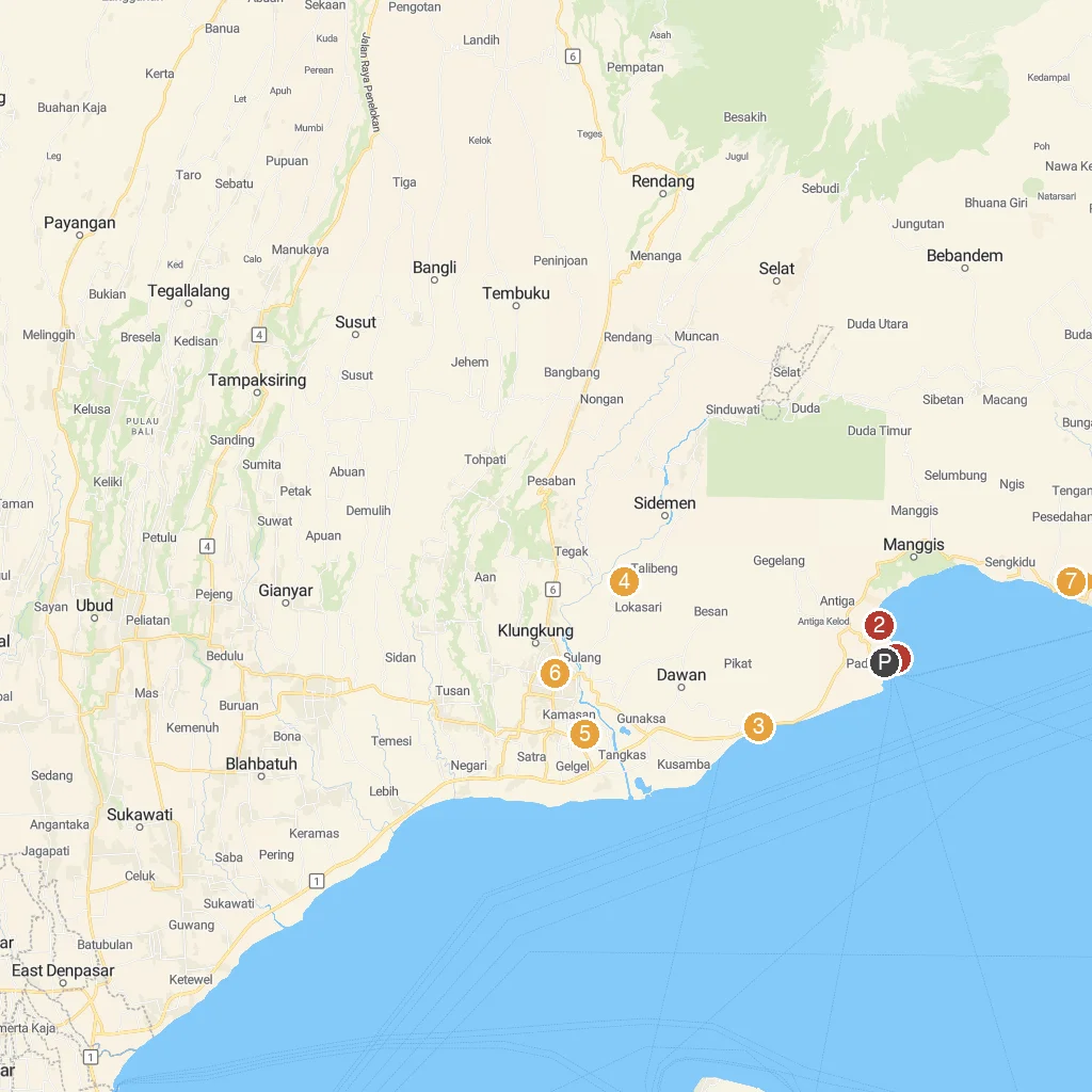Padangbai, Bali, Indonesia map with numbered points of interest