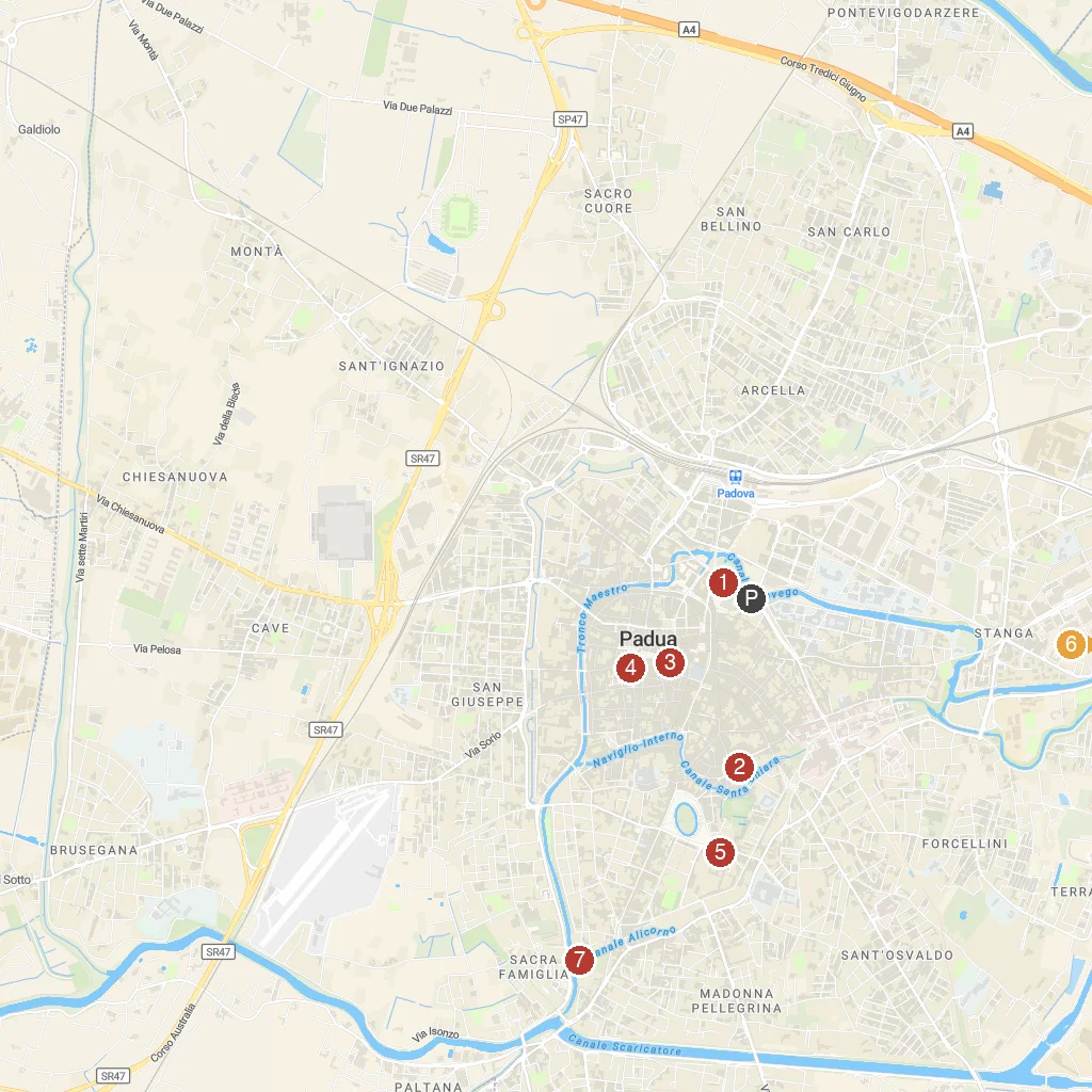 Padua, Veneto, Italy map with numbered points of interest