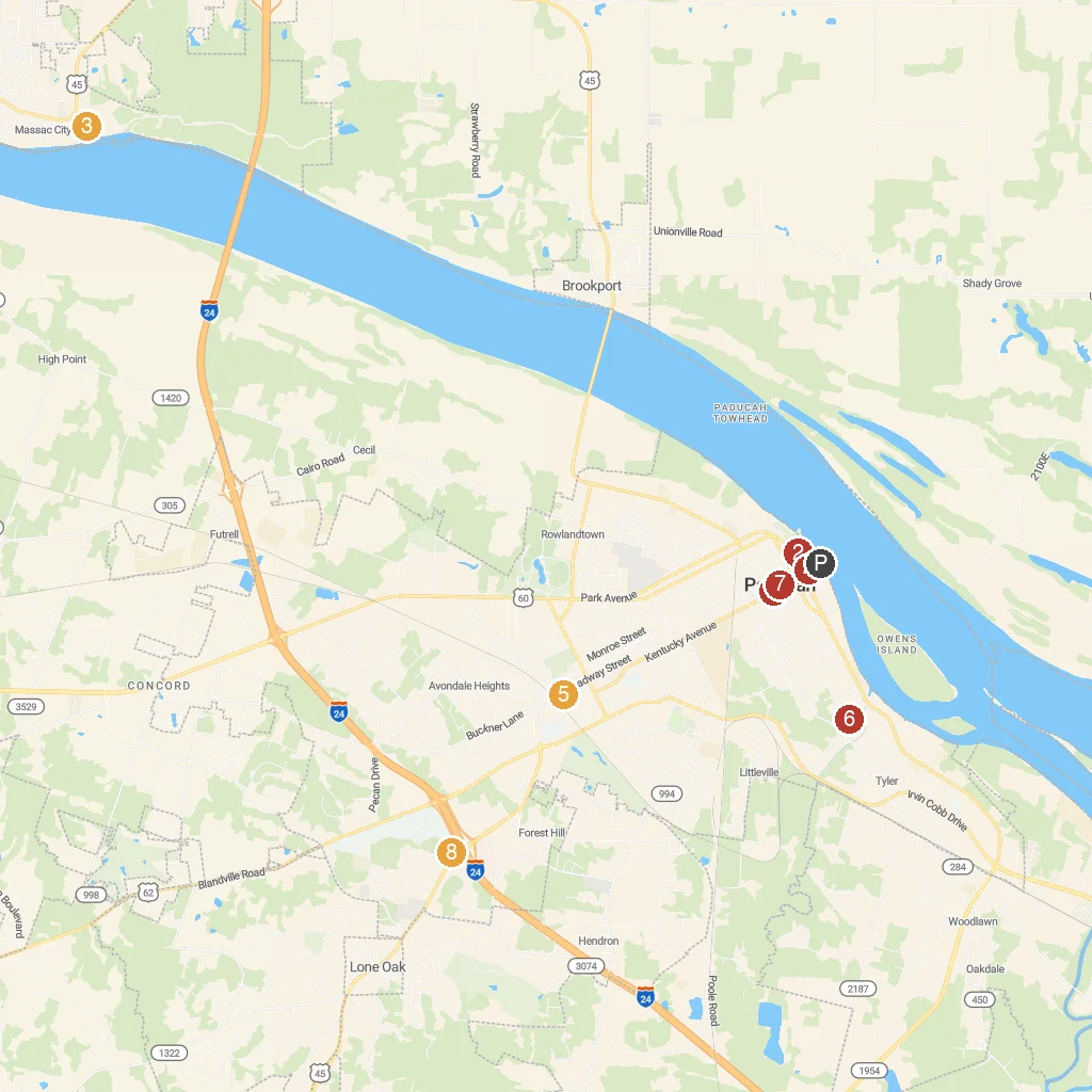 Paducah, Kentucky, USA map with numbered points of interest