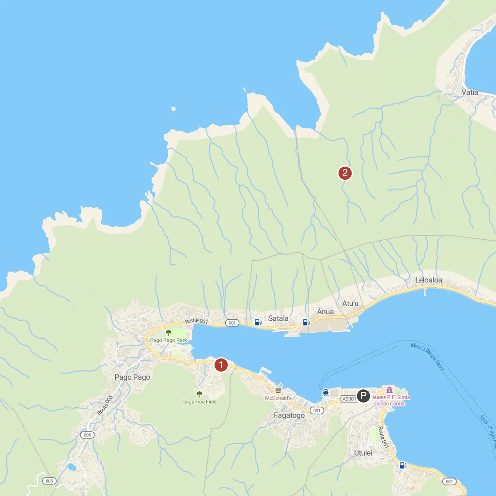 Pago Pago, Tutuila, American Samoa map with numbered points of interest