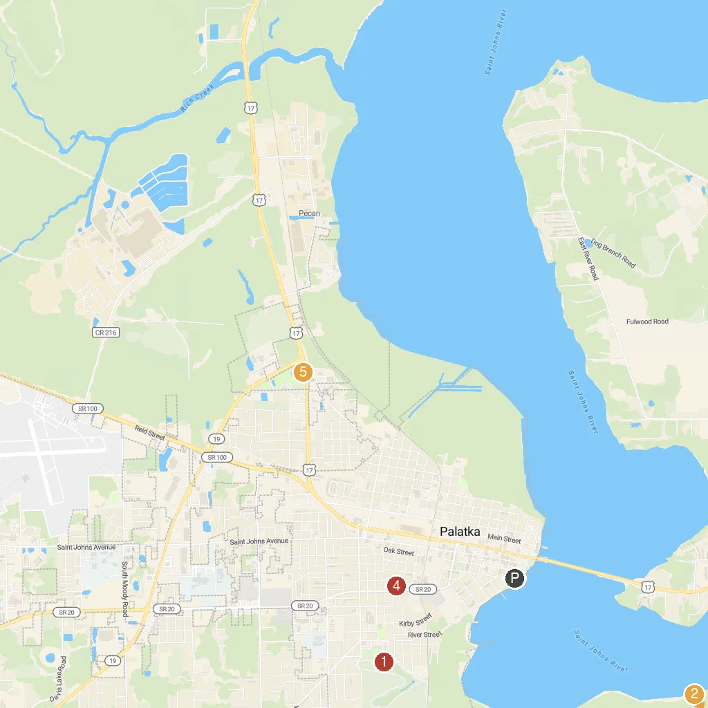 Palatka, Florida, USA map with numbered points of interest