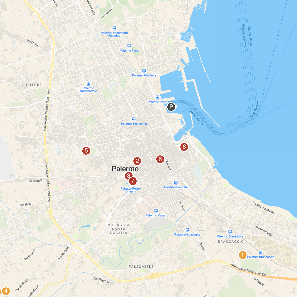 Palermo, Sicily, Italy map with numbered points of interest