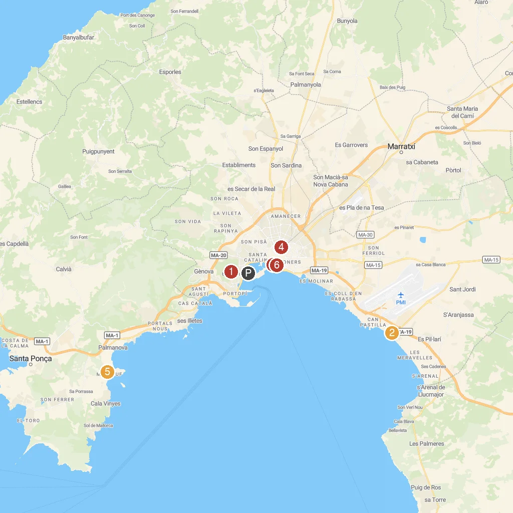Palma de Mallorca, Balearic Islands, Spain map with numbered points of interest
