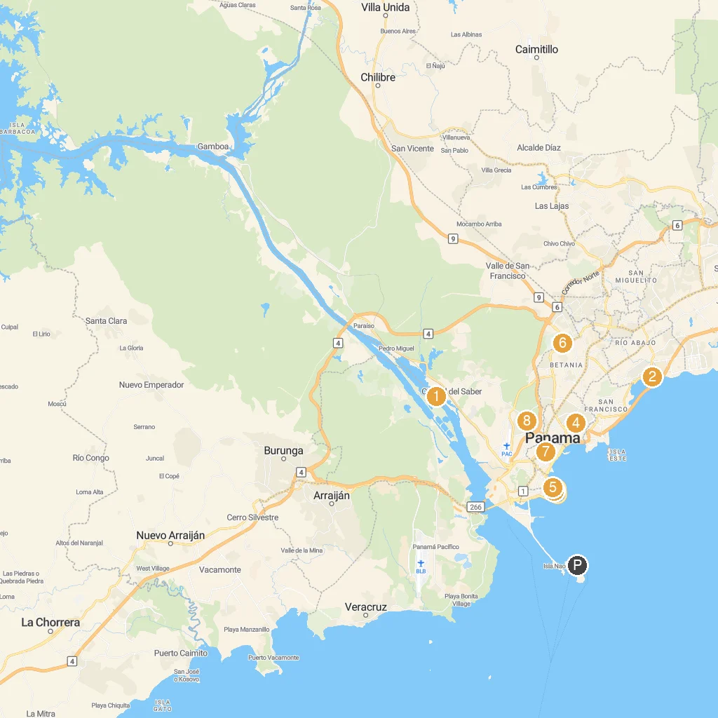 Panama City, Panama map with numbered points of interest
