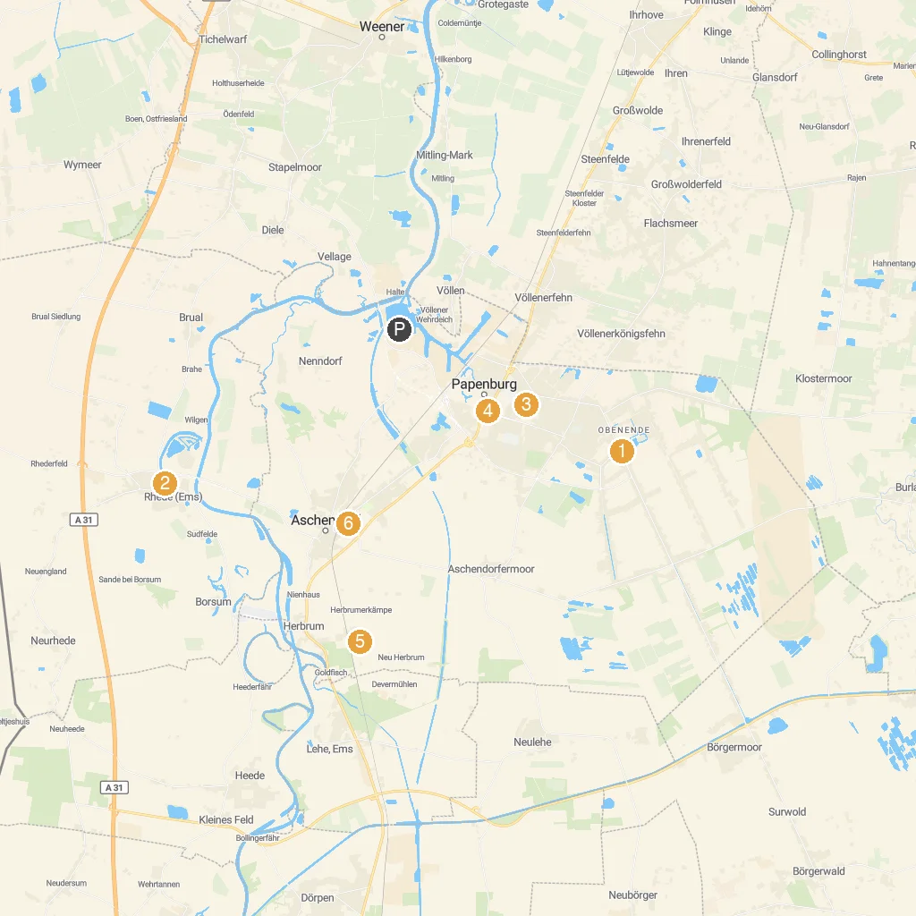 Papenburg, Lower Saxony, Germany map with numbered points of interest