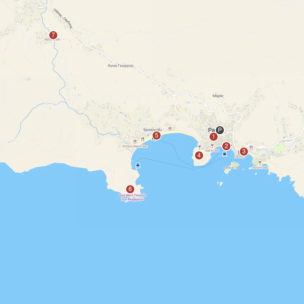 Parga, Epirus, Greece map with numbered points of interest