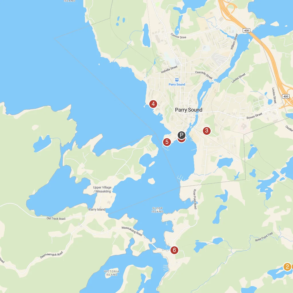 Parry Sound, Ontario, Canada map with numbered points of interest