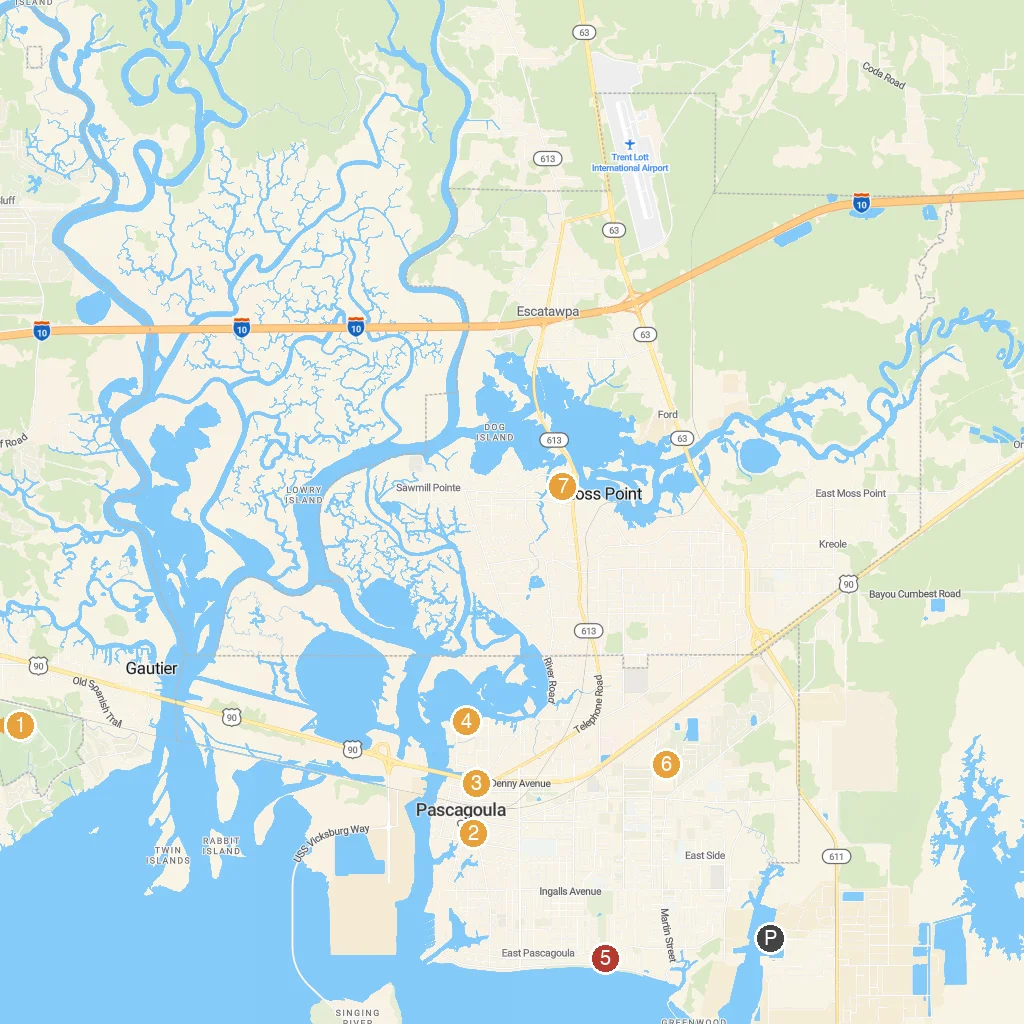 Pascagoula, Mississippi, USA map with numbered points of interest