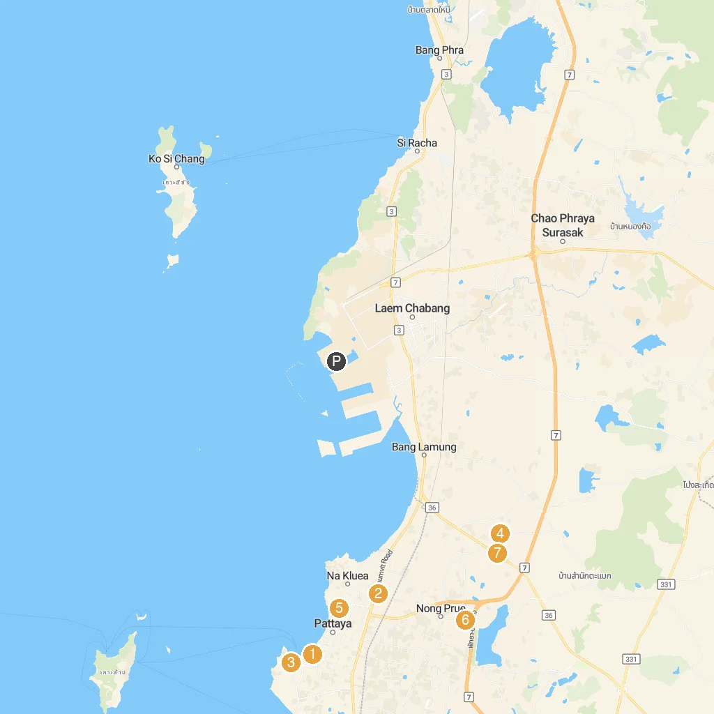 Pattaya, Chonburi, Thailand map with numbered points of interest