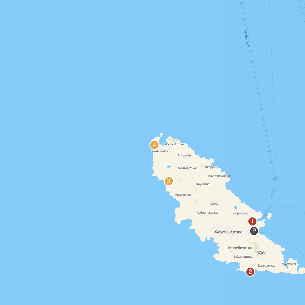 Paxos Island, Ionian Islands, Greece map with numbered points of interest