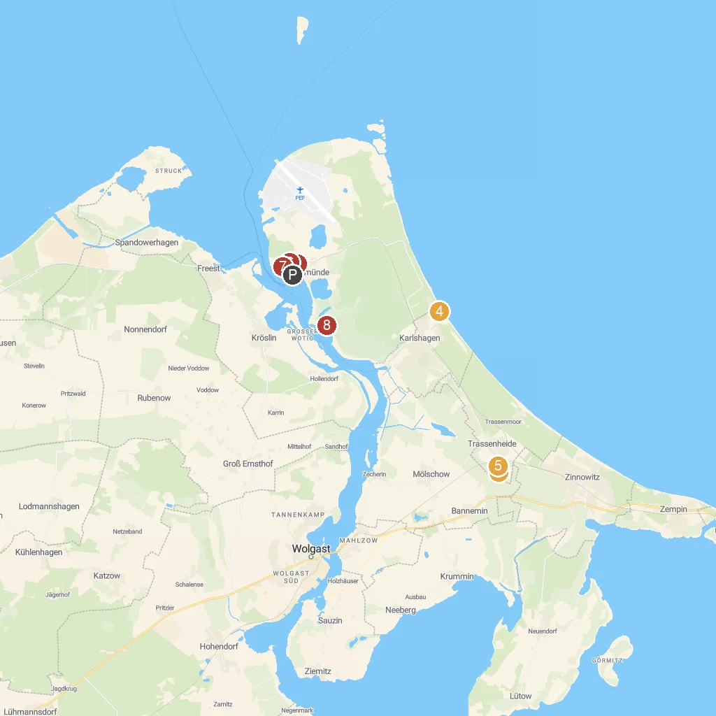 Peenemünde, Usedom, Germany map with numbered points of interest