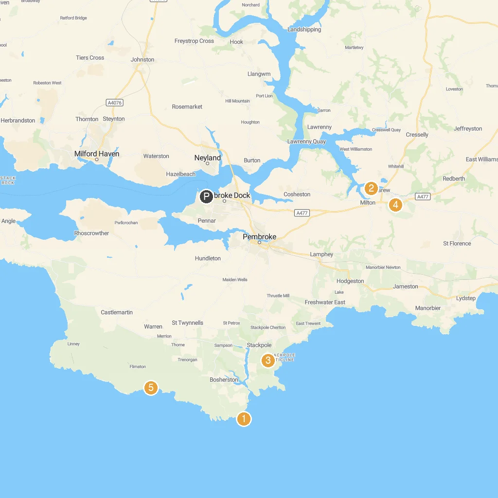 Pembroke Dock, Pembrokeshire, Wales map with numbered points of interest