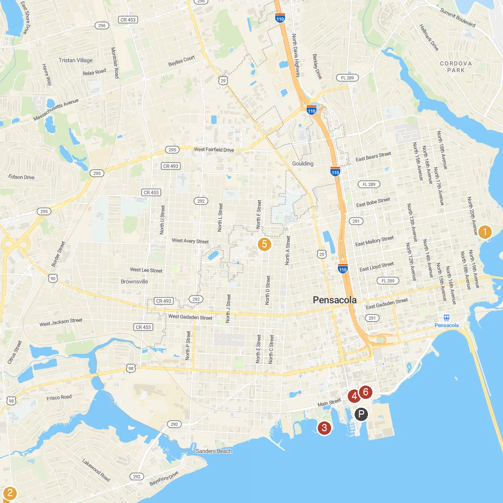 Pensacola, Florida, USA map with numbered points of interest