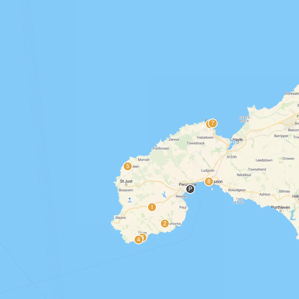 Penzance, Cornwall, England map with numbered points of interest