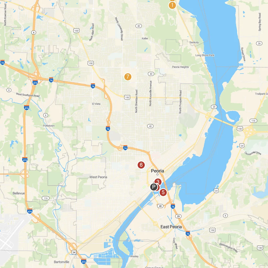 Peoria, Illinois, USA map with numbered points of interest