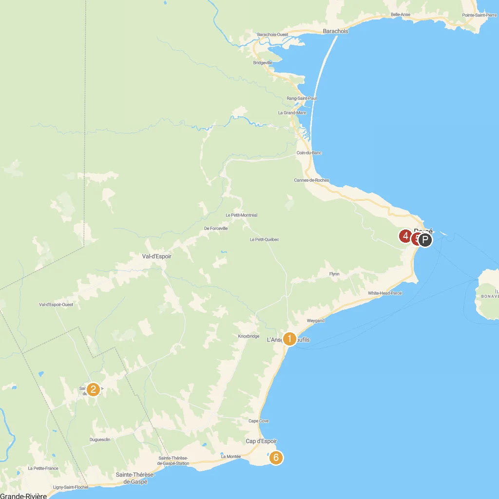 Percé, Quebec, Canada map with numbered points of interest