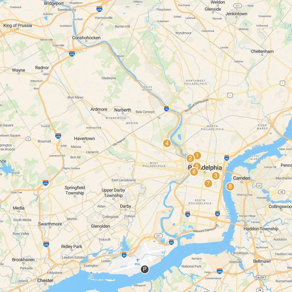 Philadelphia, Pennsylvania, USA map with numbered points of interest