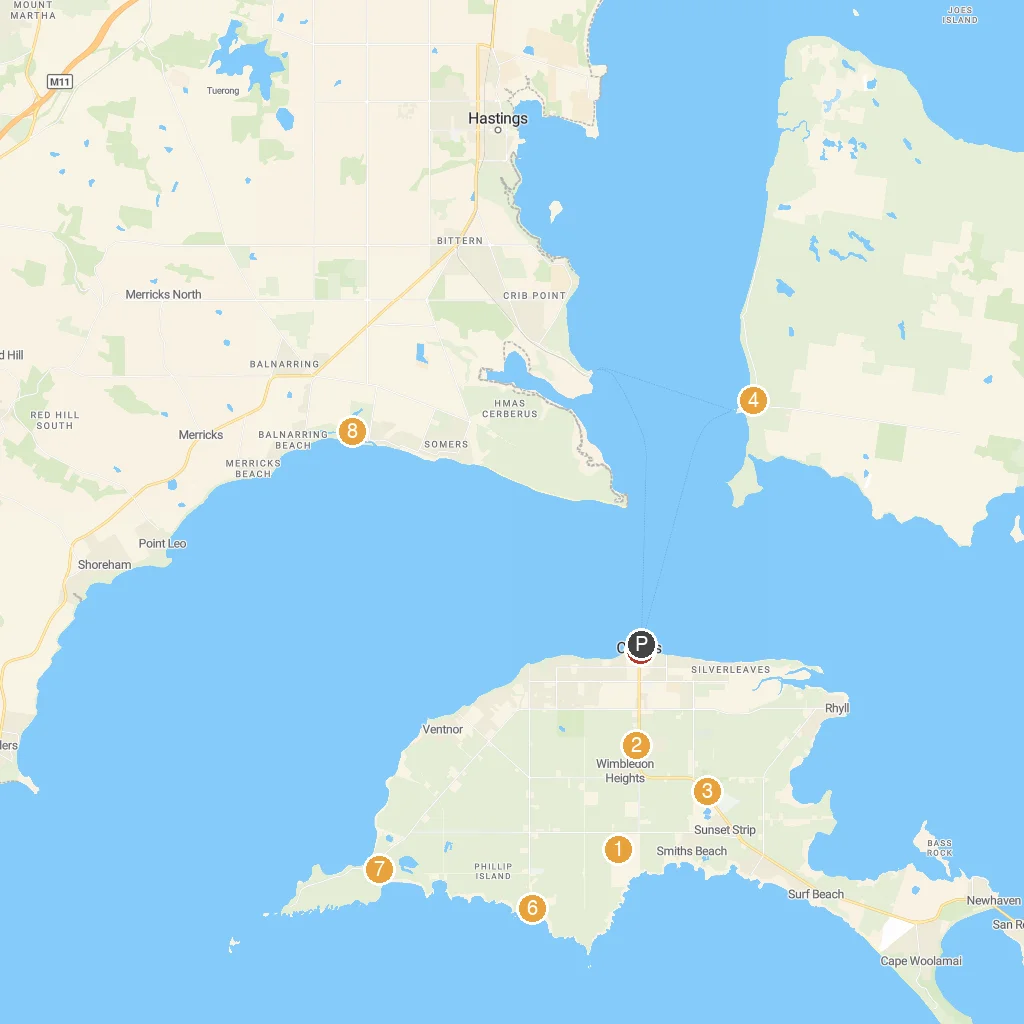 Phillip Island, Victoria, Australia map with numbered points of interest