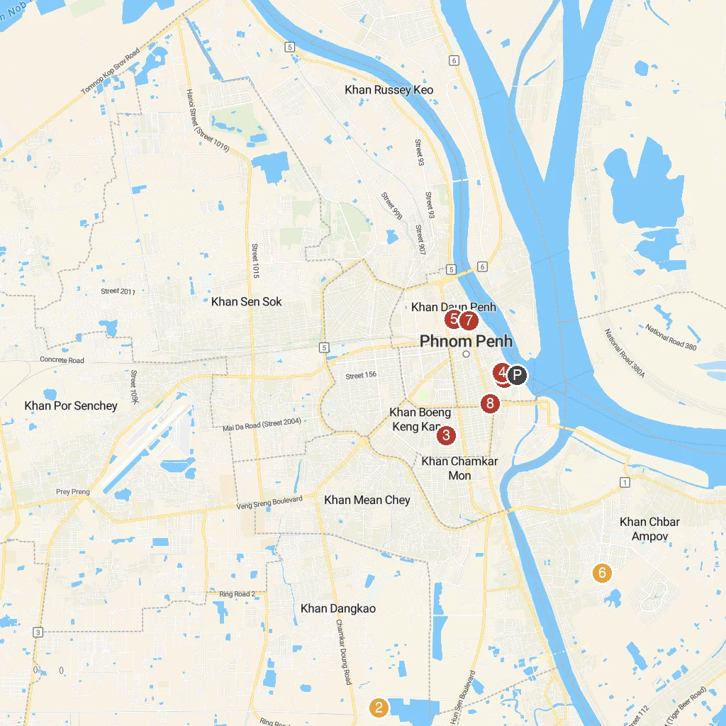 Phnom Penh, Cambodia map with numbered points of interest