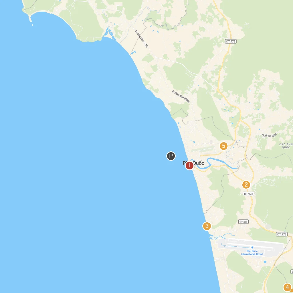 Phu Quoc Island, Kien Giang, Vietnam map with numbered points of interest