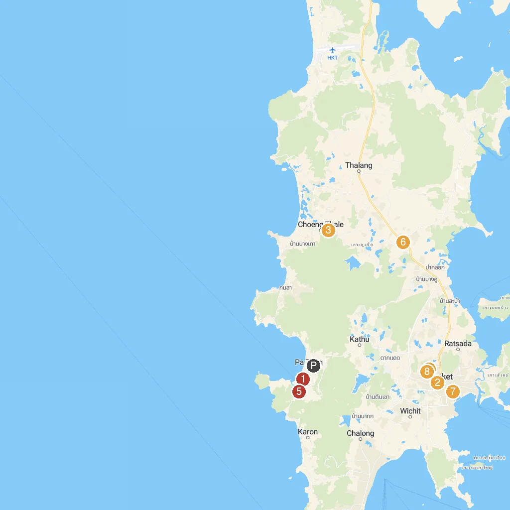 Phuket, Thailand map with numbered points of interest
