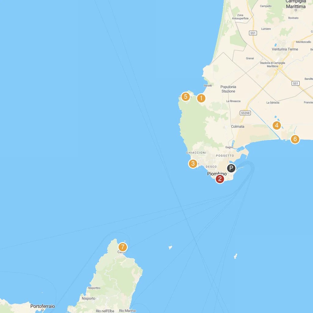 Piombino, Tuscany, Italy map with numbered points of interest