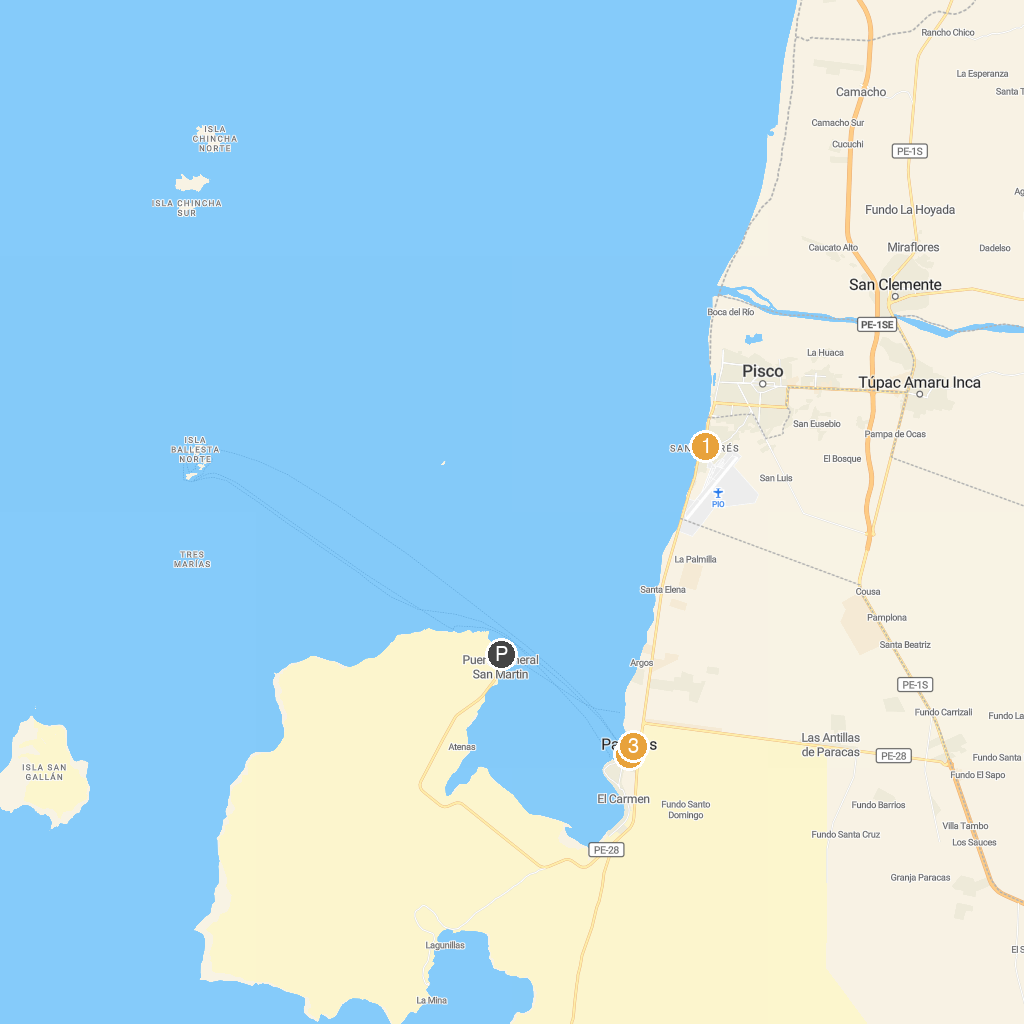 Pisco (Paracas), Peru map with numbered points of interest