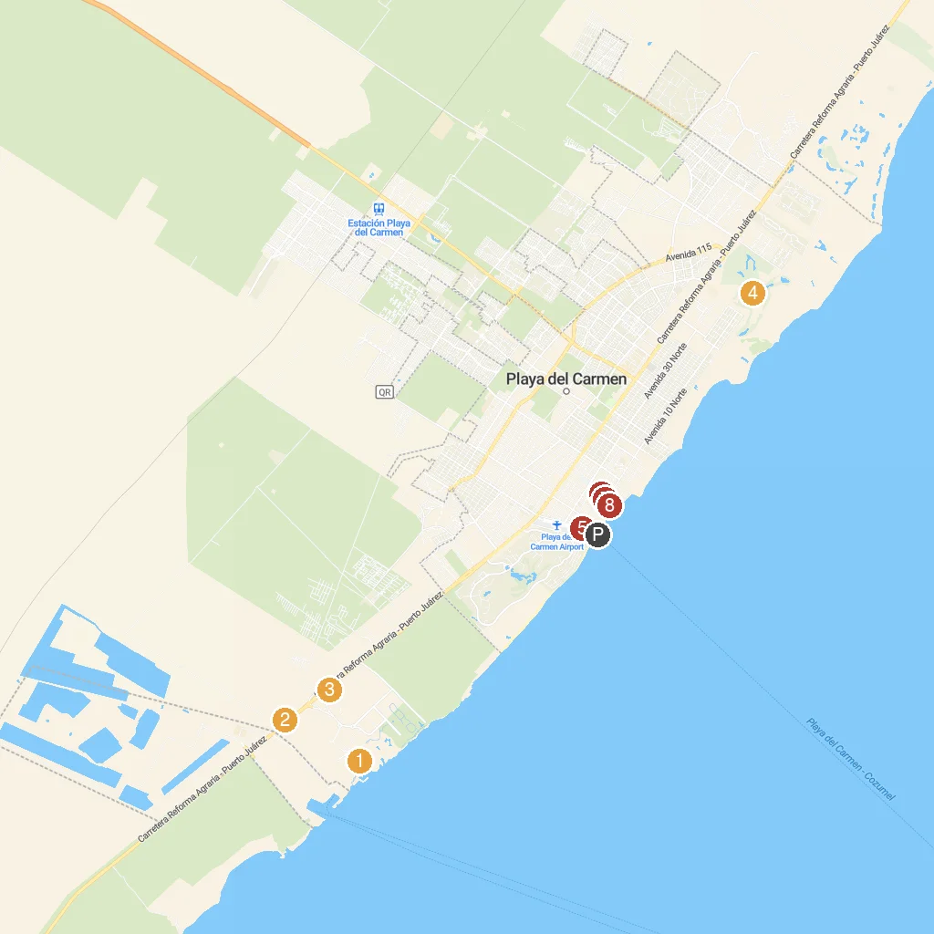 Playa del Carmen, Quintana Roo, Mexico map with numbered points of interest