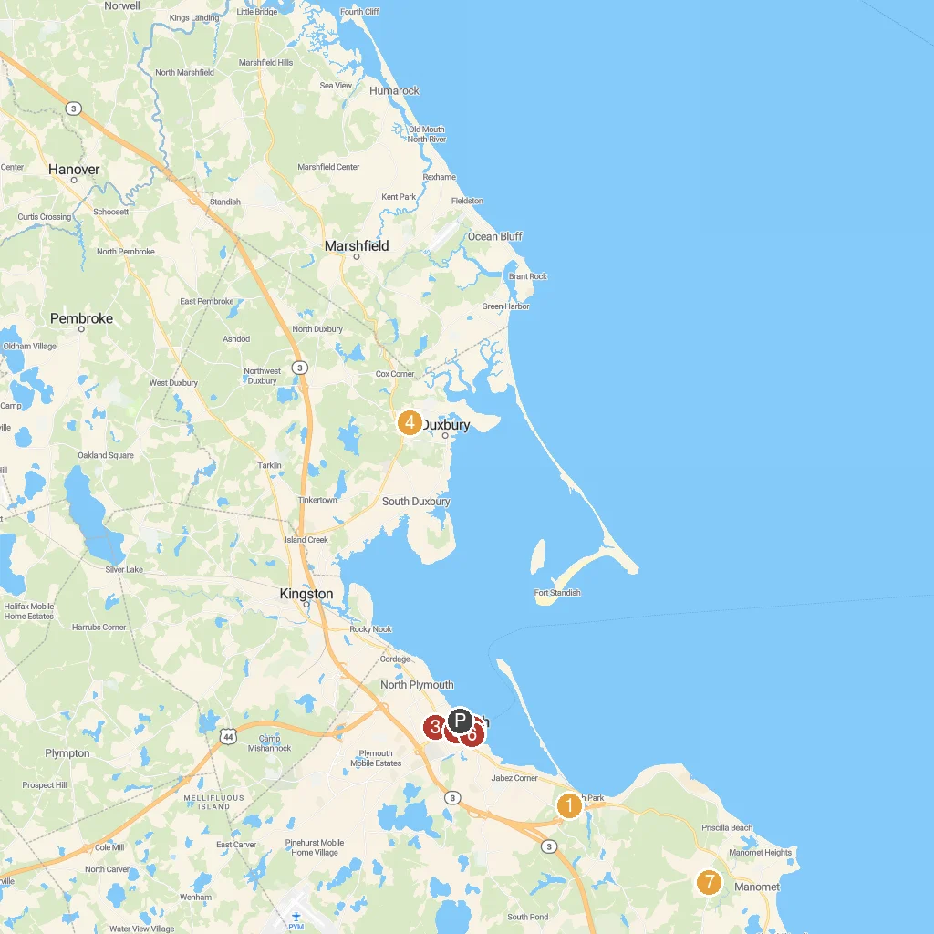 Plymouth, Massachusetts, USA map with numbered points of interest