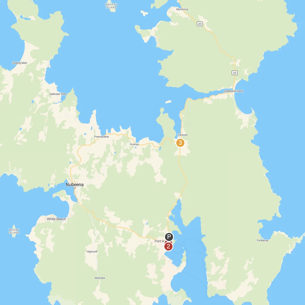Port Arthur, Tasmania, Australia map with numbered points of interest