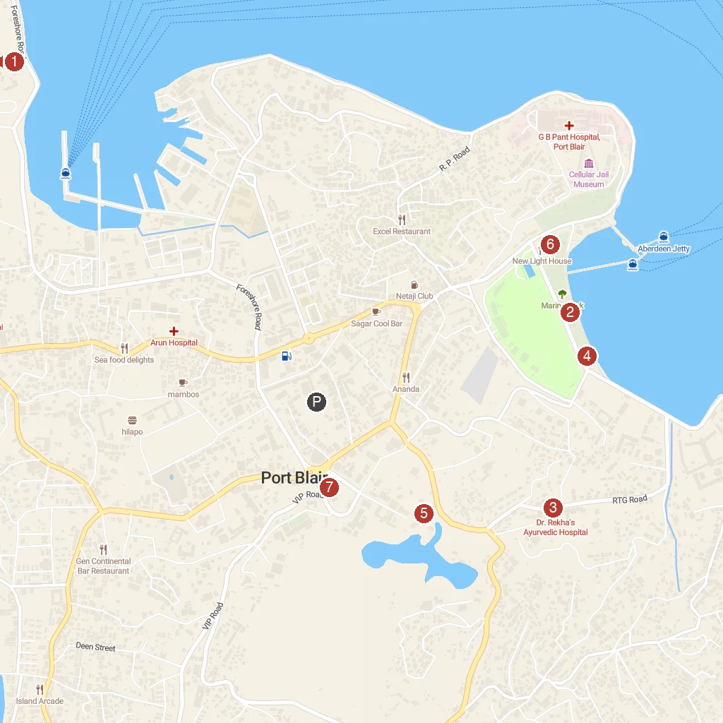 Port Blair, Andaman Islands, India map with numbered points of interest