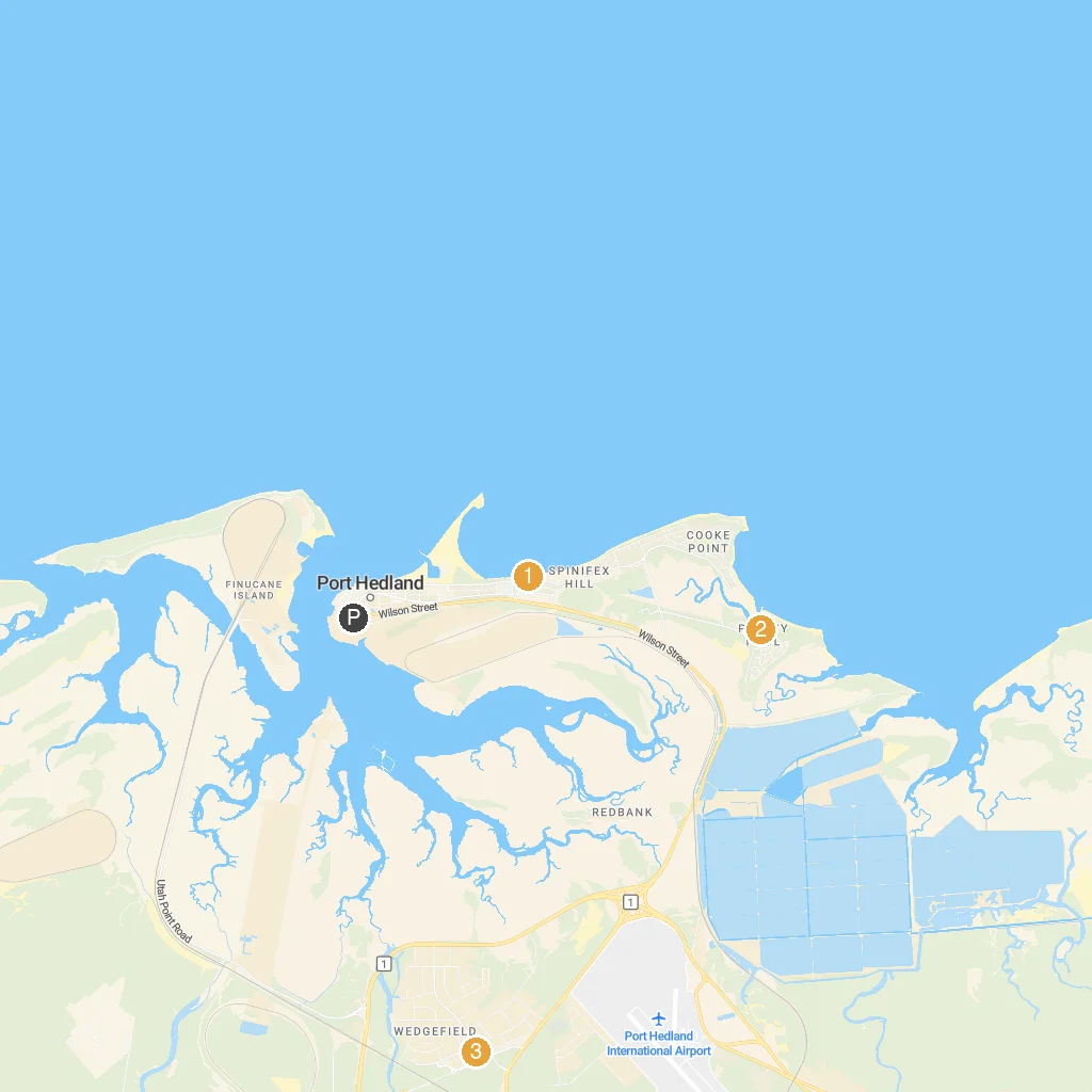 Port Hedland, Western Australia, Australia map with numbered points of interest