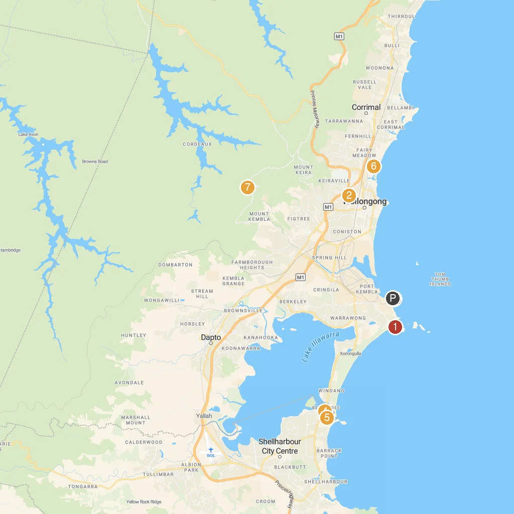 Port Kembla, New South Wales, Australia map with numbered points of interest