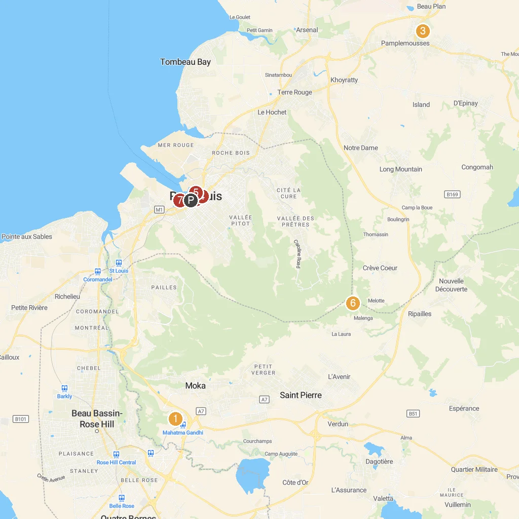 Port Louis, Mauritius map with numbered points of interest