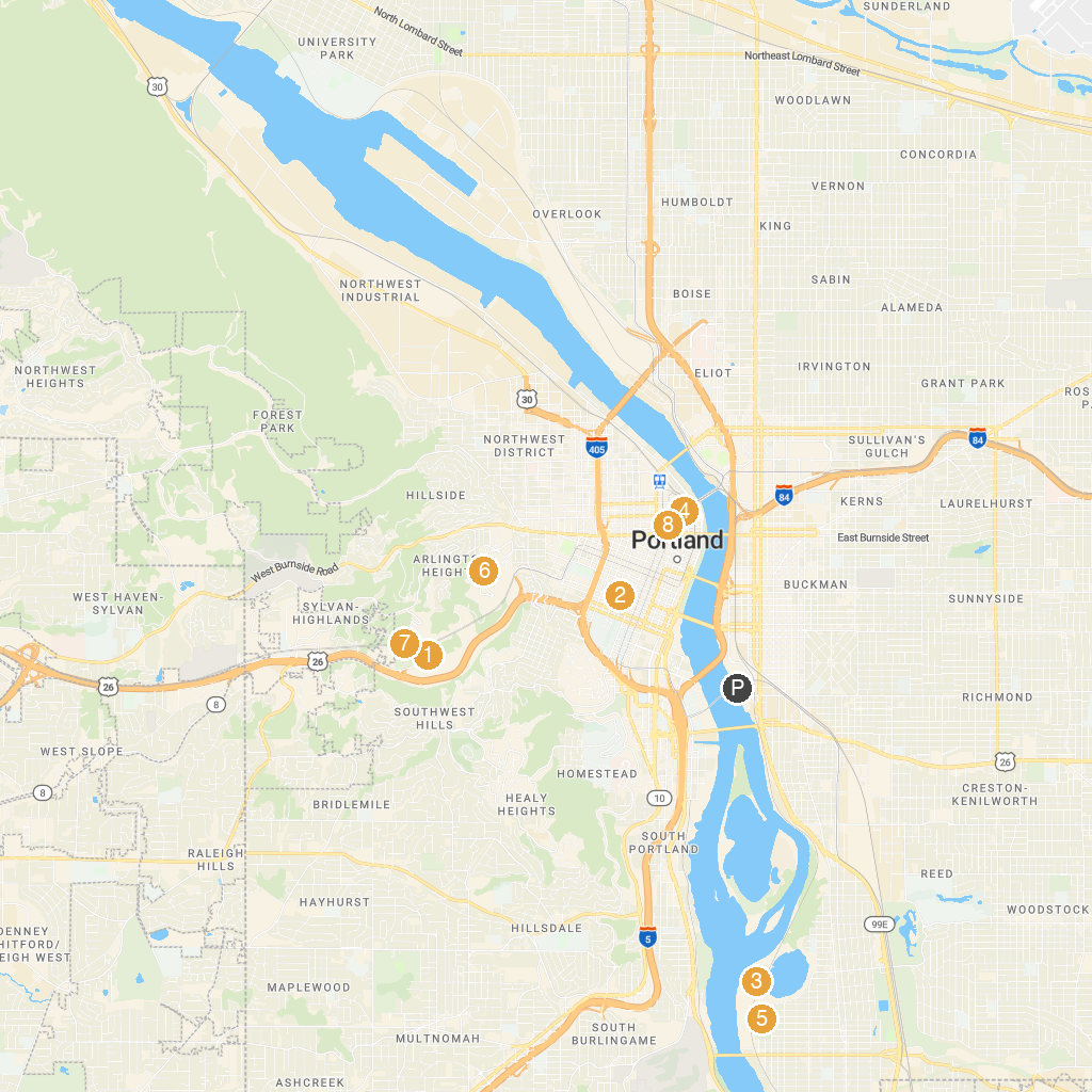 Portland, Oregon, USA map with numbered points of interest