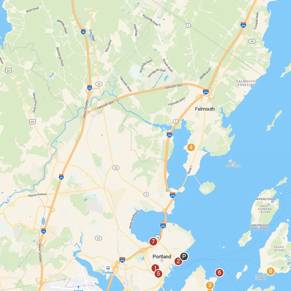 Portland, Maine, USA map with numbered points of interest