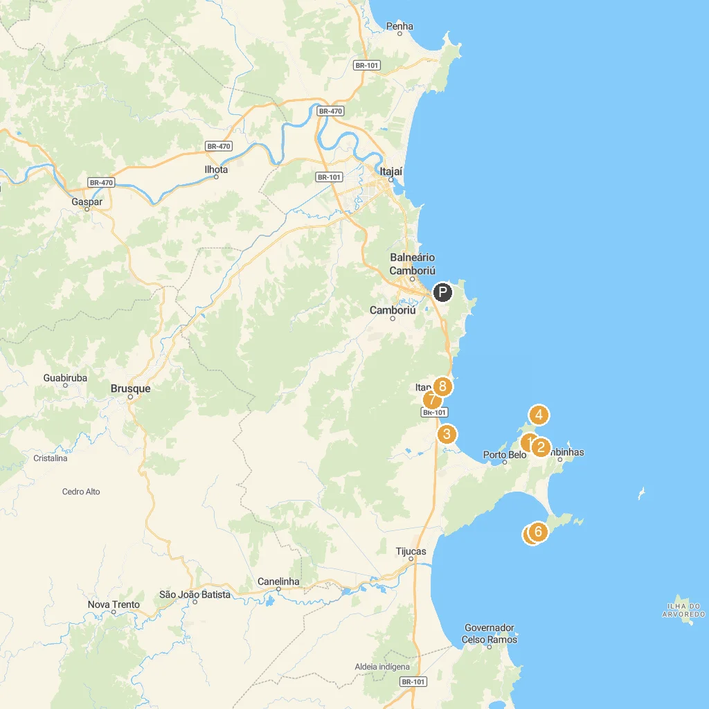 Porto Belo, Santa Catarina, Brazil map with numbered points of interest