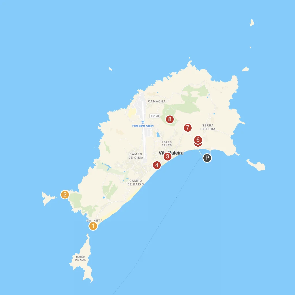 Porto Santo Island, Madeira, Portugal map with numbered points of interest