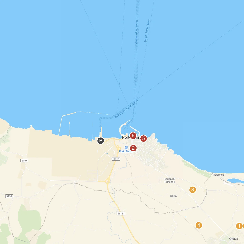 Porto Torres, Sardinia, Italy map with numbered points of interest