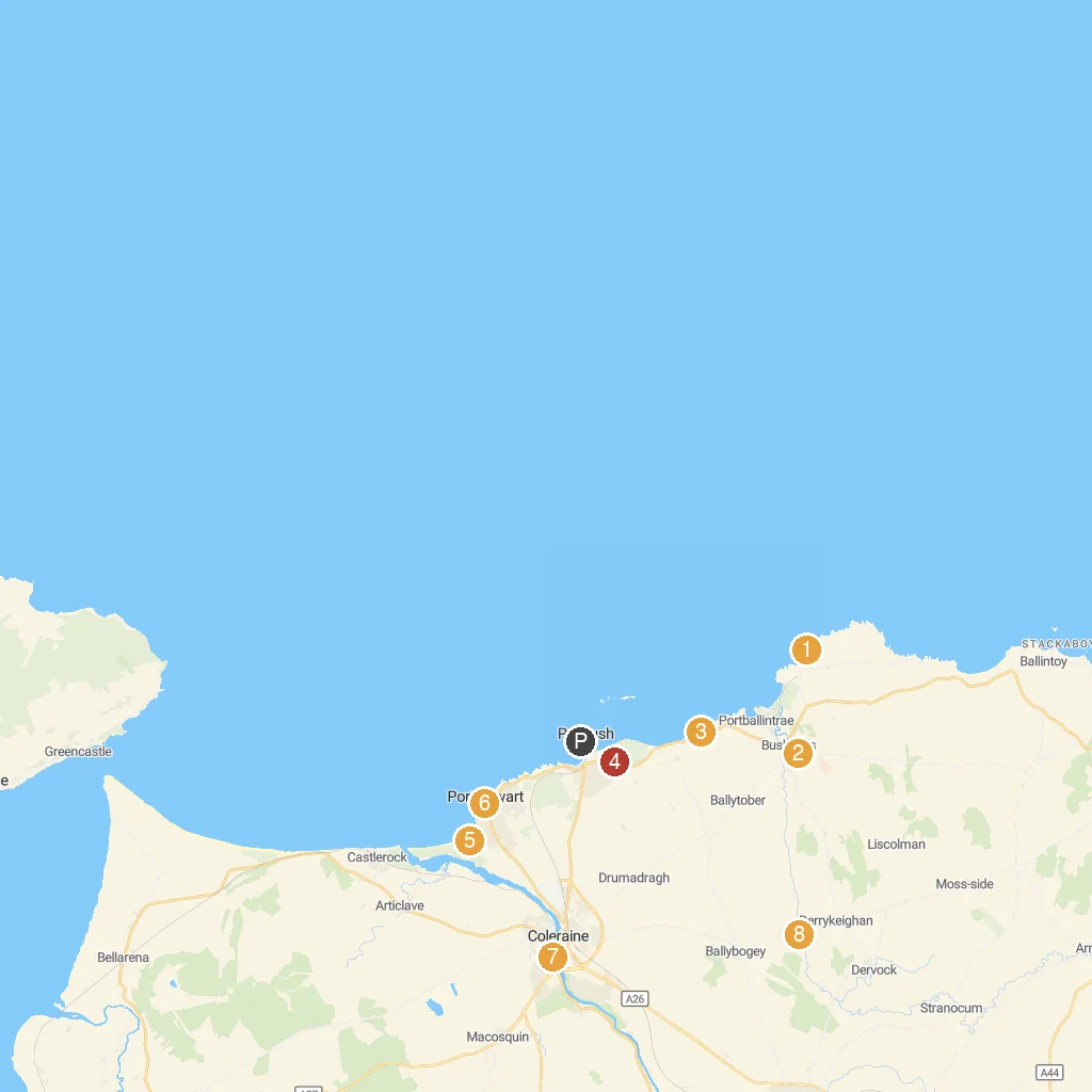 Portrush, County Antrim, Northern Ireland map with numbered points of interest