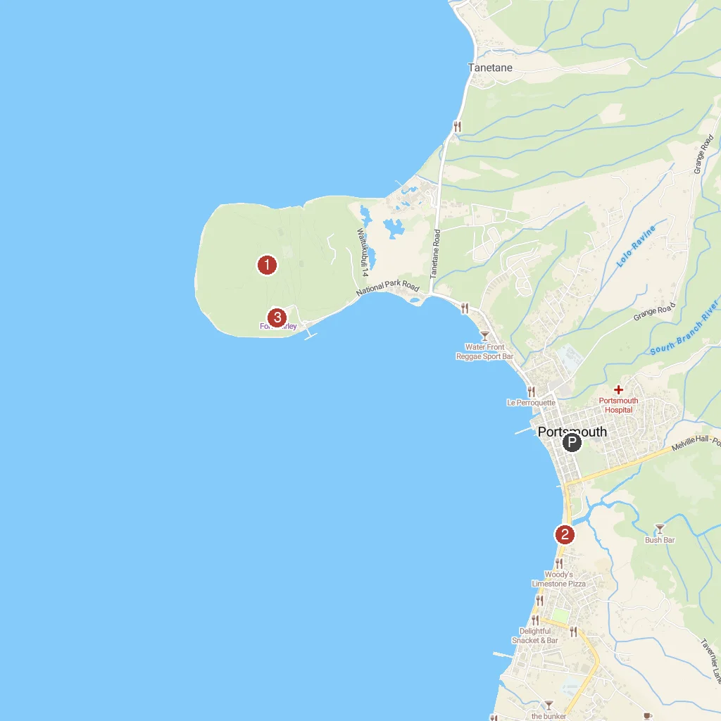 Portsmouth, Saint John, Dominica map with numbered points of interest