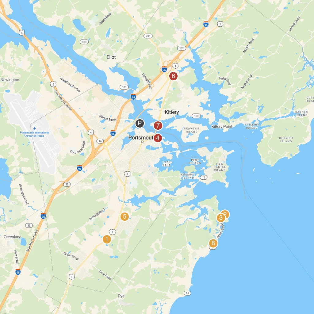 Portsmouth, New Hampshire, USA map with numbered points of interest