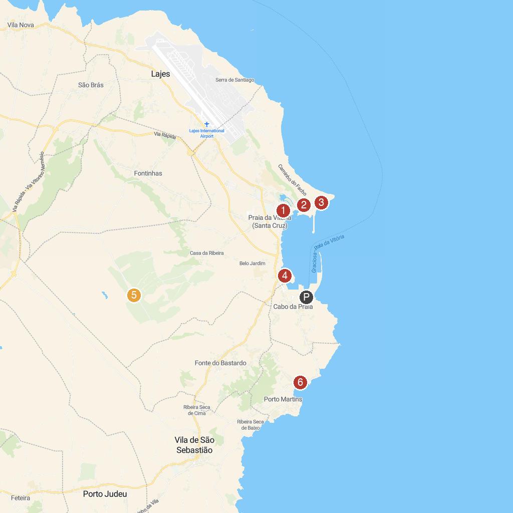 Praia da Vitória, Terceira, Azores, Portugal map with numbered points of interest