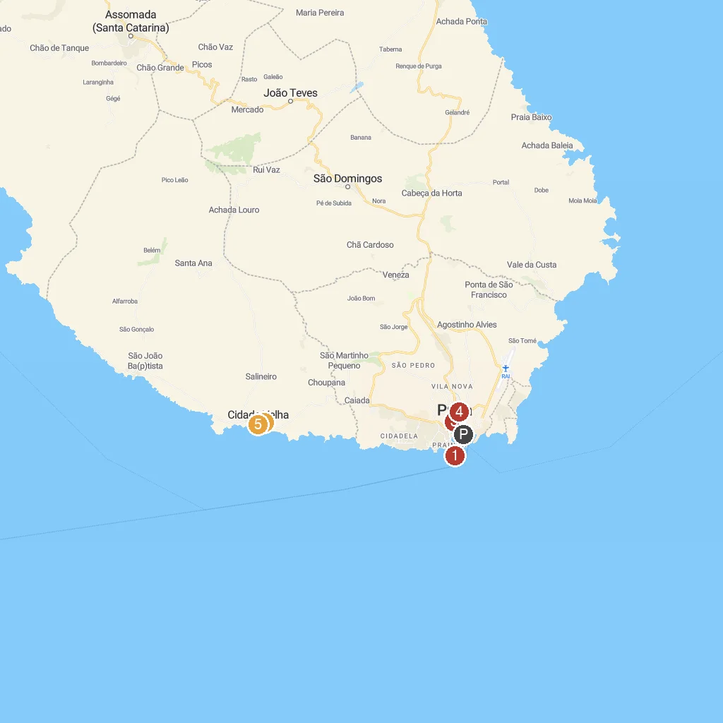 Praia, Cape Verde map with numbered points of interest